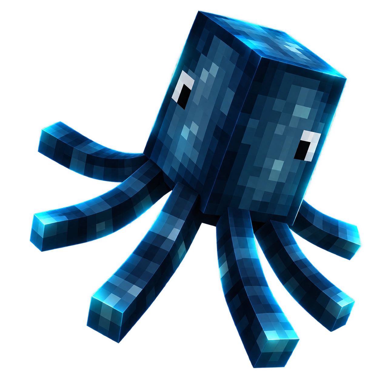 A Minecraft squid swimming with glowing blue tentacles